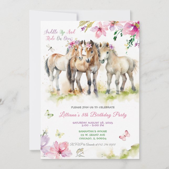 Invitation d'anniversaire Cheval Rose Violet (Devant)