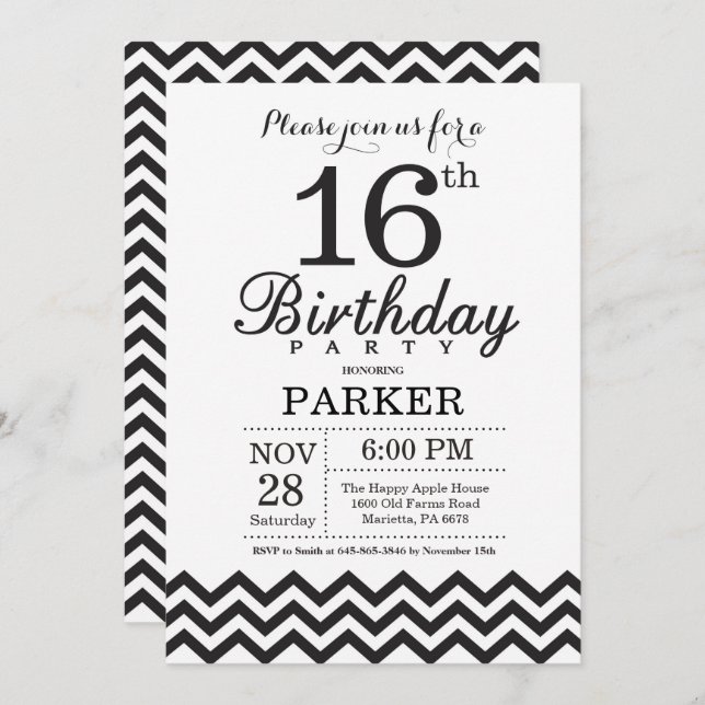 Invitation d'anniversaire Chevron noir et blanc (Devant / Derrière)