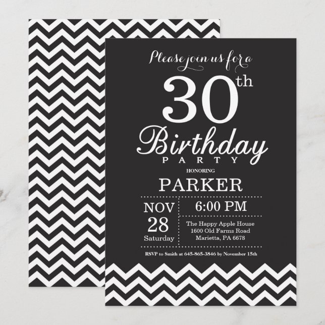 Invitation d'anniversaire Chevron noir et blanc (Devant / Derrière)