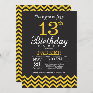 Invitation d'anniversaire Chevron noir et jaune