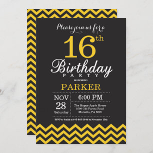 Invitation d'anniversaire Chevron noir et jaune