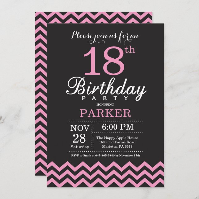 Invitation d'anniversaire Chevron noir et rose (Devant / Derrière)