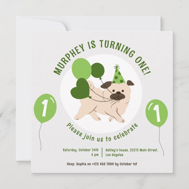 Invitation d'anniversaire Chien Et Ballons Verts (Devant)