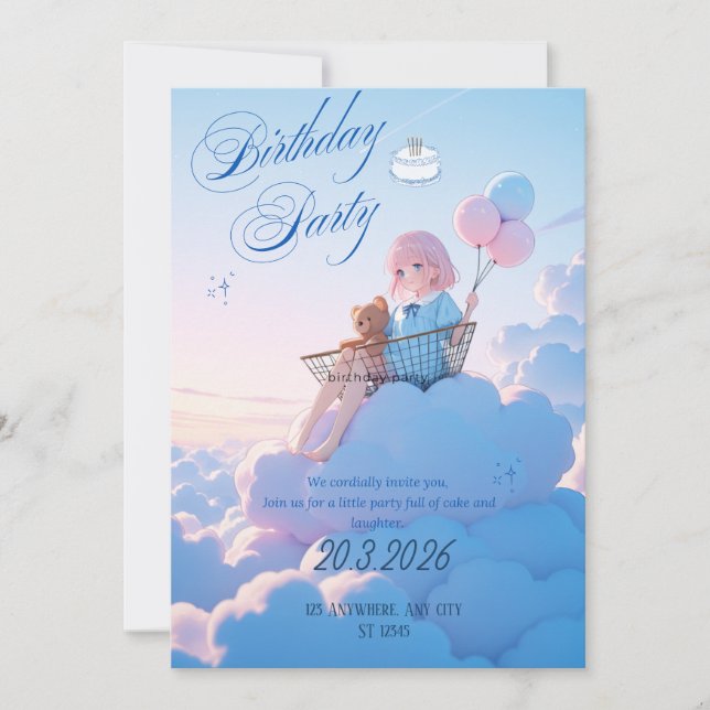 Invitation d'anniversaire Ciel Pastel Mignon (Devant)