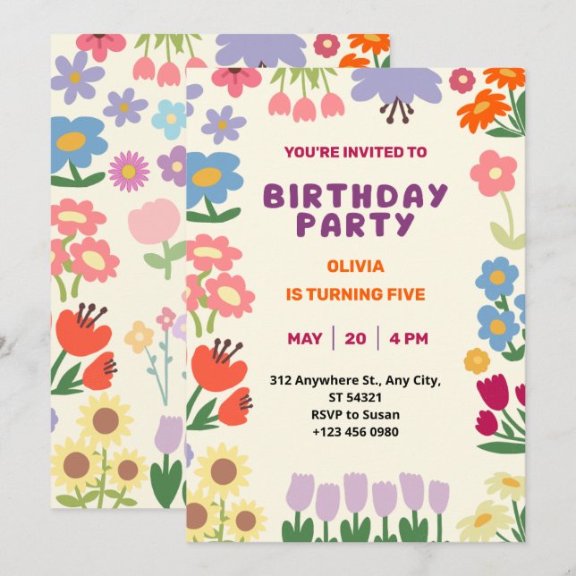 Invitation d'anniversaire cinq ans fille fleur pas (Devant / Derrière)