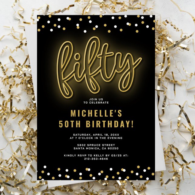 Invitation d'anniversaire cinquante ans néon or (Créateur téléchargé)