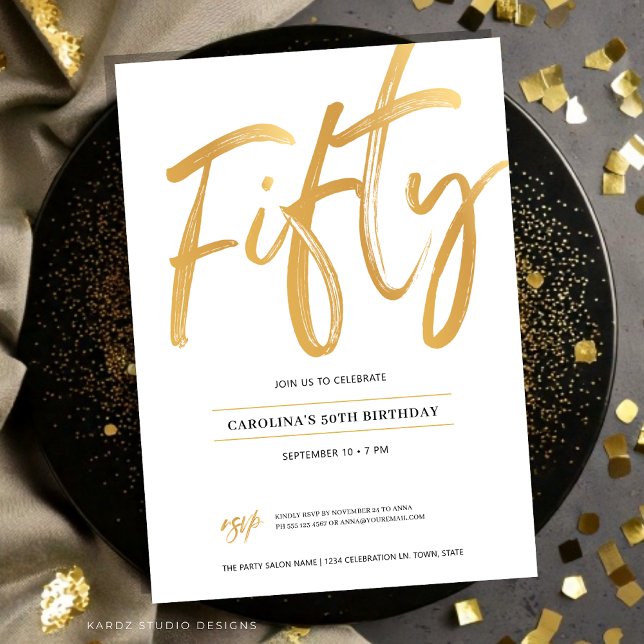Invitation d'anniversaire cinquante cinquantième é (Fifty birthday invitation is shown in a flat 5x7 card. Faux gold script calligraphy over white.)
