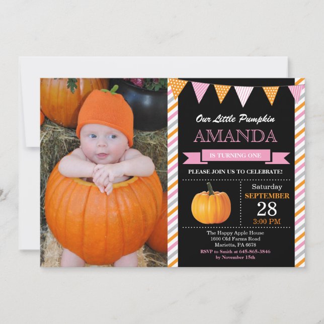 Invitation d'anniversaire Citrouille fille orange  (Devant)