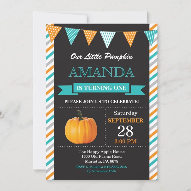 Invitation d'anniversaire citrouille Orange Aqua T (Devant)