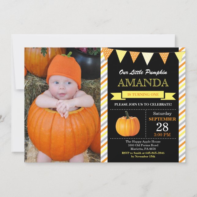 Invitation d'anniversaire Citrouille Orange et Jau (Devant)