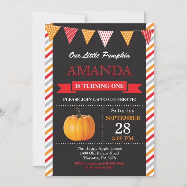 Invitation d'anniversaire Citrouille Orange et Rou (Devant)