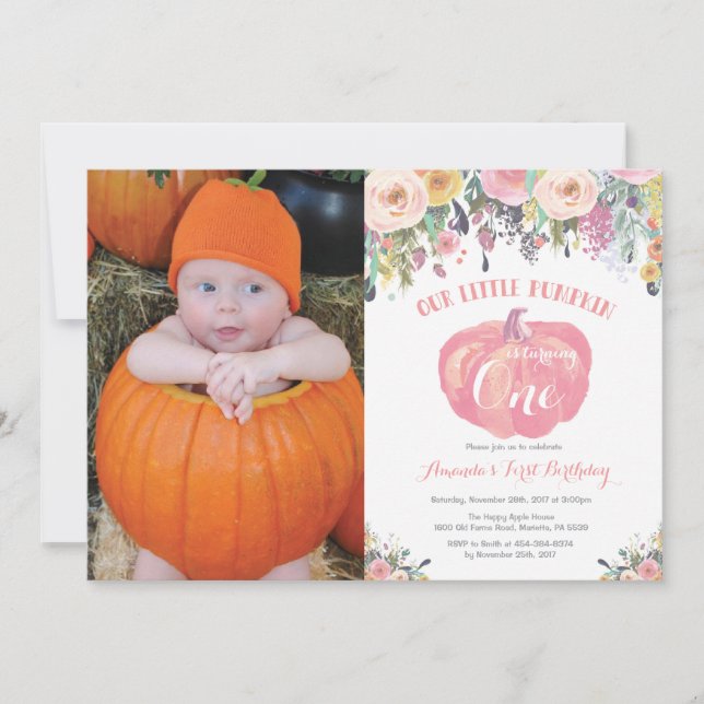 Invitation d'anniversaire citrouille rose Floral (Devant)