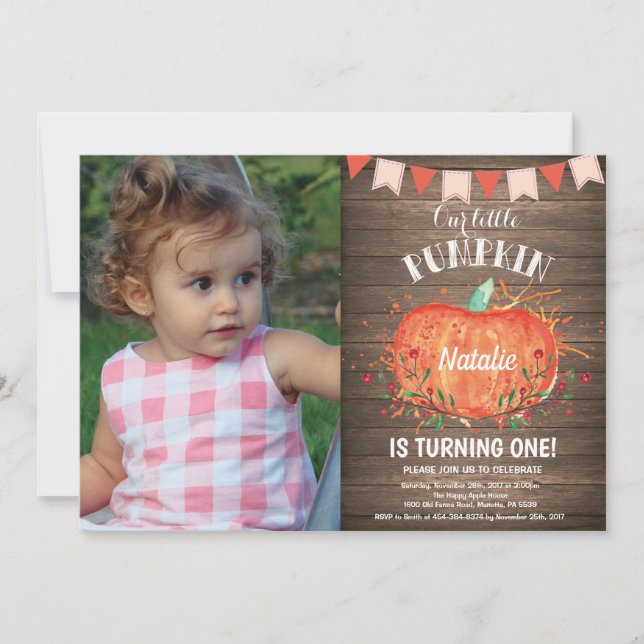 Invitation d'anniversaire citrouille rustique rose (Devant)