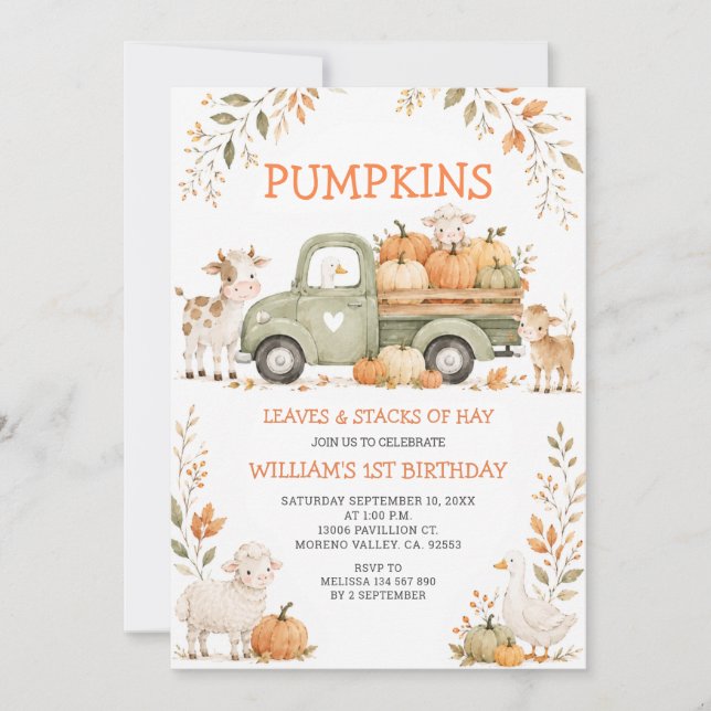 Invitation d'anniversaire Citrouilles Feuilles & M (Devant)