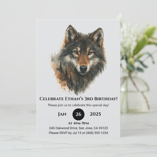 Invitation d'anniversaire Classique Loup Aquarelle (Debout devant)