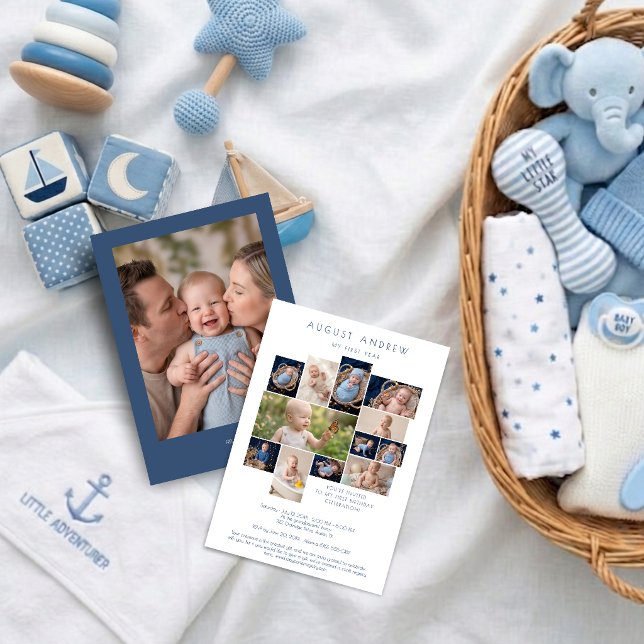Invitation d'anniversaire classique pour bébé avec (Modern Minimalist Blue Baby First Birthday Invitation Card Featuring An Elegant Twelve Photo Collage)