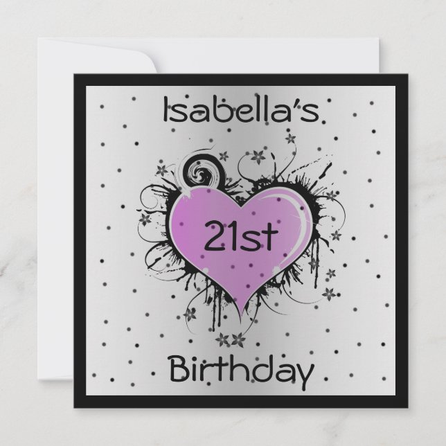 Invitation d'anniversaire Cœur violet sur fond noi (Devant)