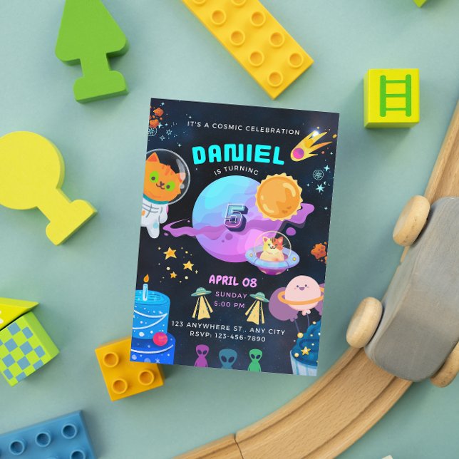 Invitation d'anniversaire Colorée Black Space (space kid birthday invitation )