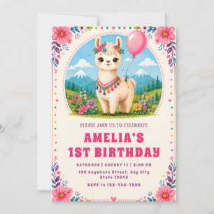 Invitation d'anniversaire colorée d'alpaca florale