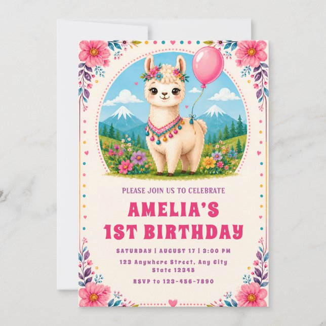 Invitation d'anniversaire colorée d'alpaca florale (Devant)