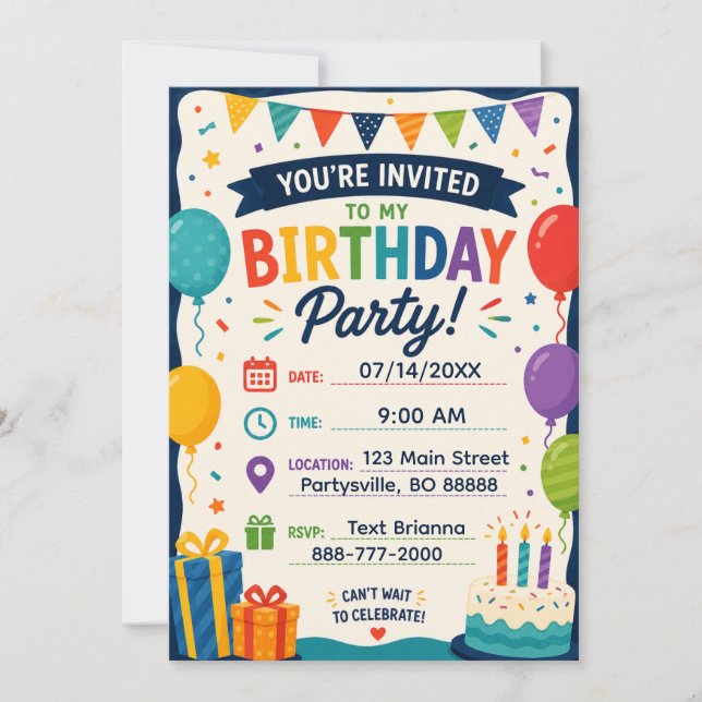 Invitation d'anniversaire colorée pour enfants | A (Devant)