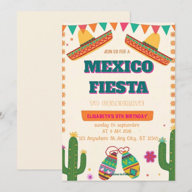 Invitation d'anniversaire Colorée pour Fiesta Mexi (Devant / Derrière)
