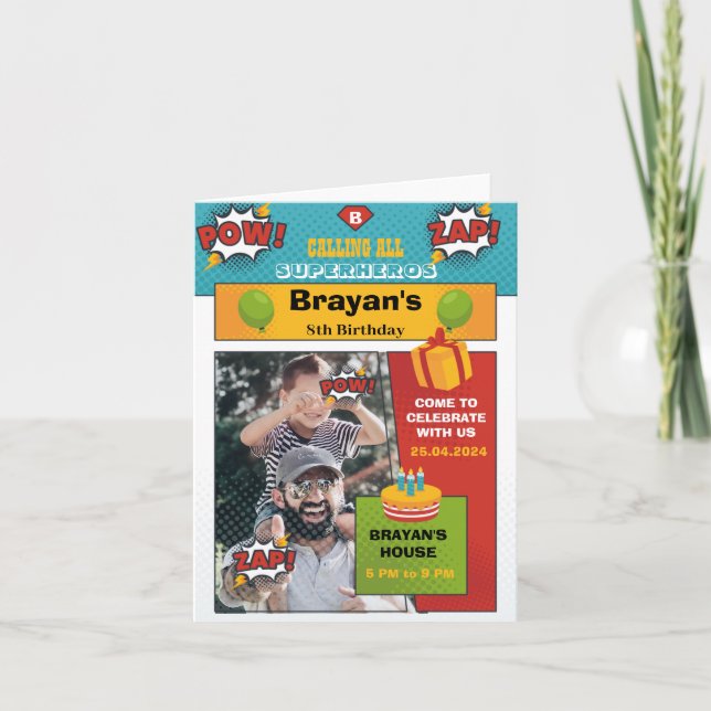 Invitation d'anniversaire Comic Superhero avec pho (Devant)