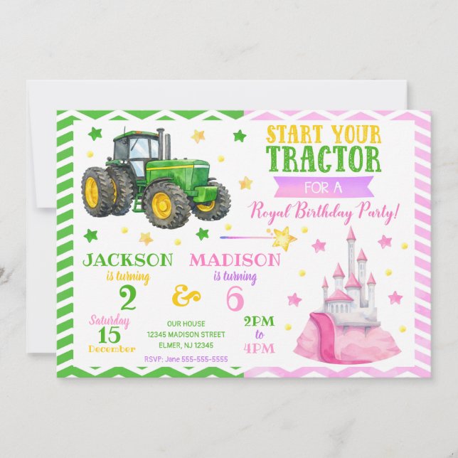 Invitation d'anniversaire commune Tracteur Vert et (Devant)