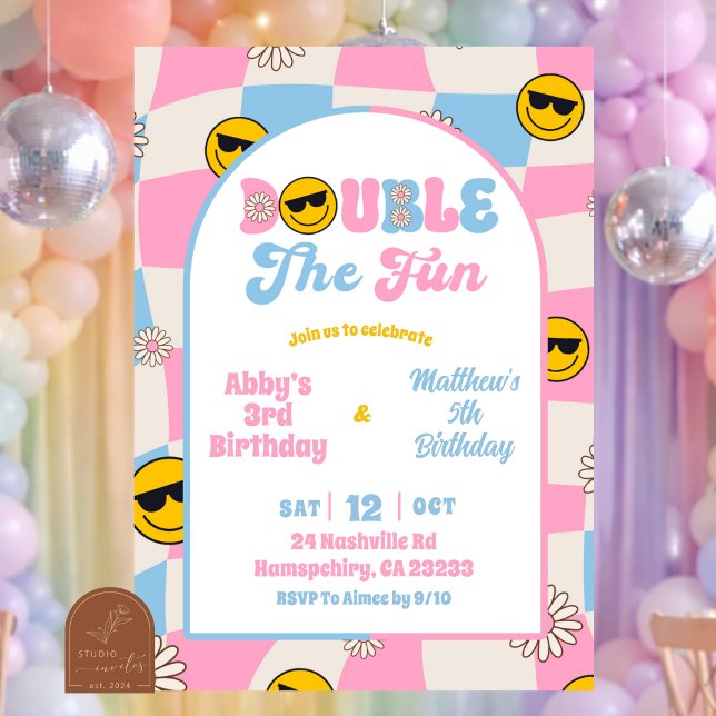 Invitation d'anniversaire conjointe à carreaux ros (Créateur téléchargé)