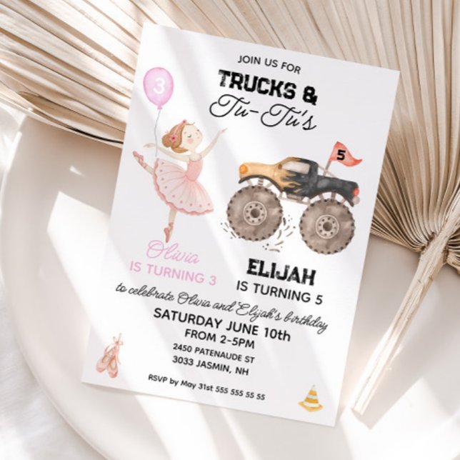 Invitation d'anniversaire conjointe Ballerine et c (Monster truck and Ballerina joint sibling birthday invitation)