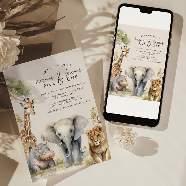 Invitation d'anniversaire conjointe d'animaux sauv (Créateur téléchargé)