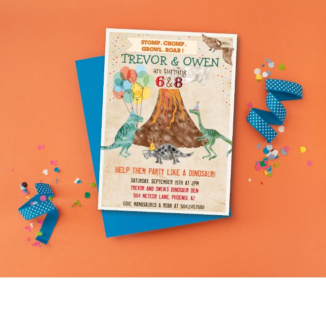 Invitation d'anniversaire conjointe double dinosau (Créateur téléchargé)