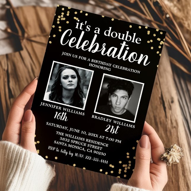 Invitation d'anniversaire conjointe Photo Or Noir (Créateur téléchargé)
