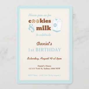 Invitation d'anniversaire Cookies et Lait, Bleu