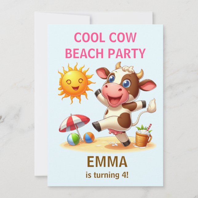 Invitation d'anniversaire Cool Cow Beach Party | É (Devant)