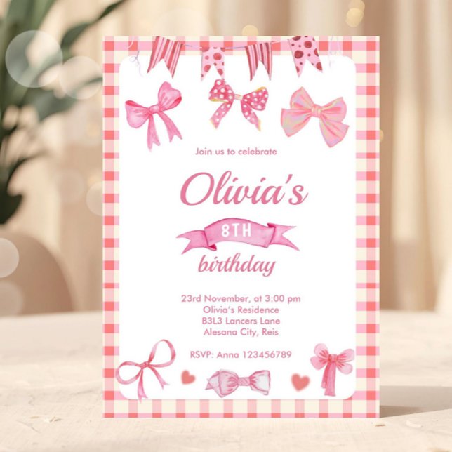 Invitation d'anniversaire Coquette à l'arc rose mi (pink bow birthday, invite with bows, pink ribbon, large bow, coquette, baby girl, girly trendy, hear)