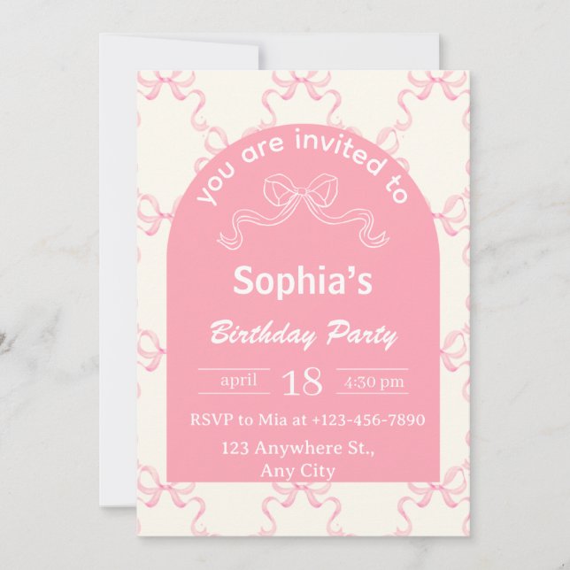 Invitation d'anniversaire coquette avec un joli nœ (Devant)