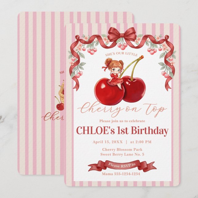 Invitation d'anniversaire Coquette Rose Cerise Dou (Devant / Derrière)