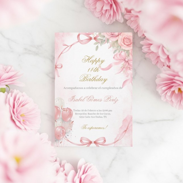 Invitation d'anniversaire coquette rose en espagno (Créateur téléchargé)