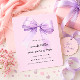 Invitation d'anniversaire coquette rose lavande