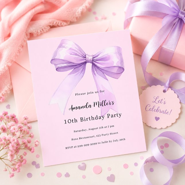 Invitation d'anniversaire coquette rose lavande (Créateur téléchargé)