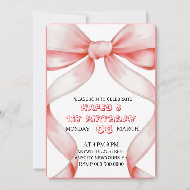 Invitation d'anniversaire Coquette Ruban Rose, 13e (Devant)
