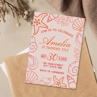 Invitation d'anniversaire Coquillage Corail Océan