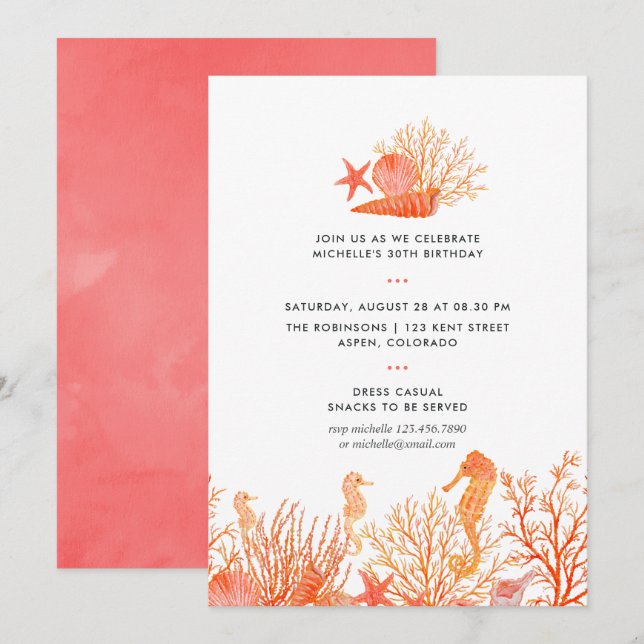 Invitation d'anniversaire Corail Vivant Aquarelle  (Devant / Derrière)