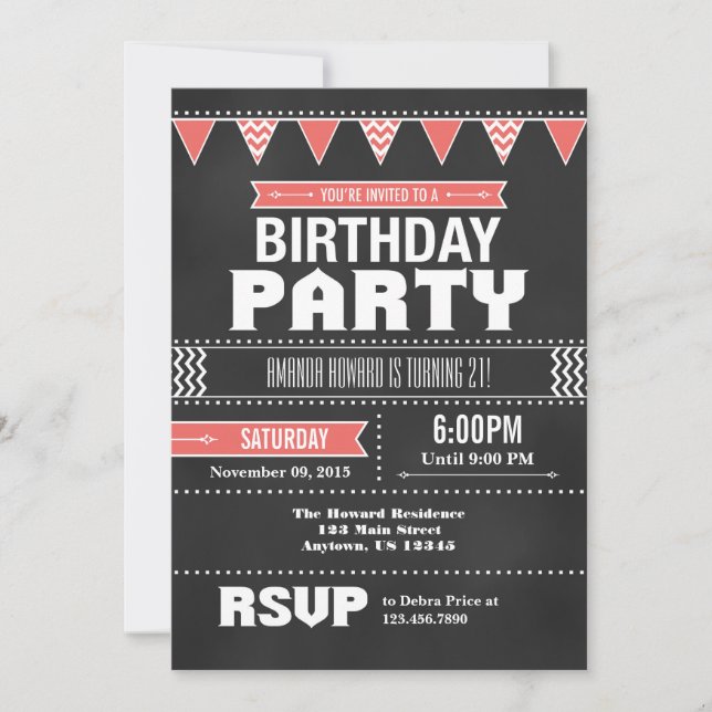Invitation d'anniversaire Coral Pink Chevron Chalk (Devant)