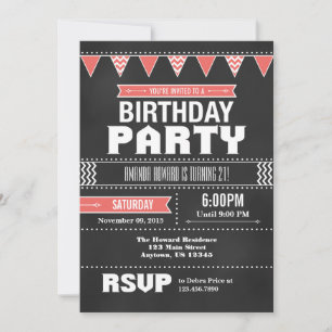 Invitation d'anniversaire Coral Pink Chevron Chalk