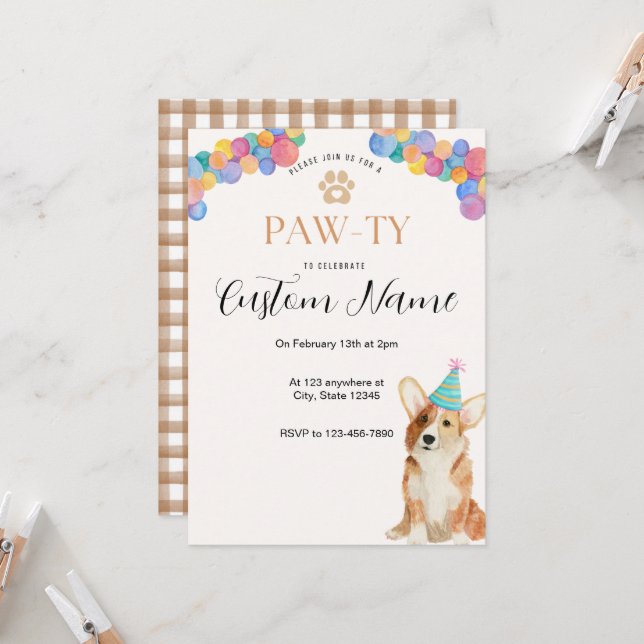 Invitation d'anniversaire Corgi Paw-ty (Devant/Arrière en situation)
