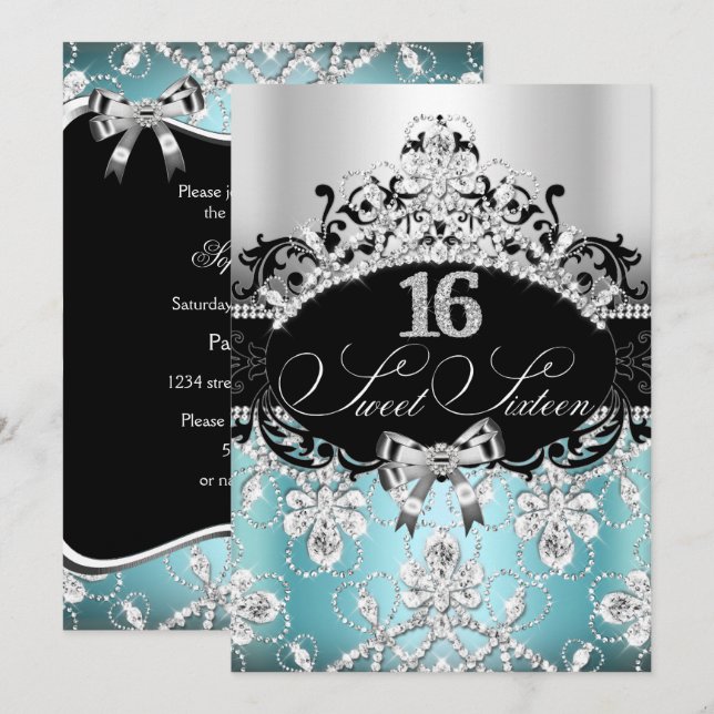 Invitation d'anniversaire Couronne Blue Sparkle Sw (Devant / Derrière)