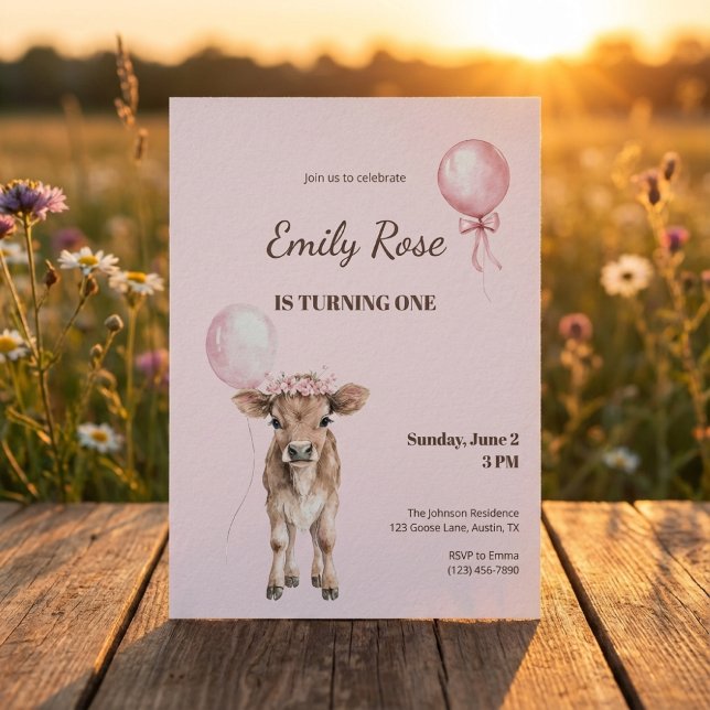 Invitation d'anniversaire Cowgirl Rose | Thème Fer (soft rustic invitation with cow illustration on wooden table in a sunset meadow)