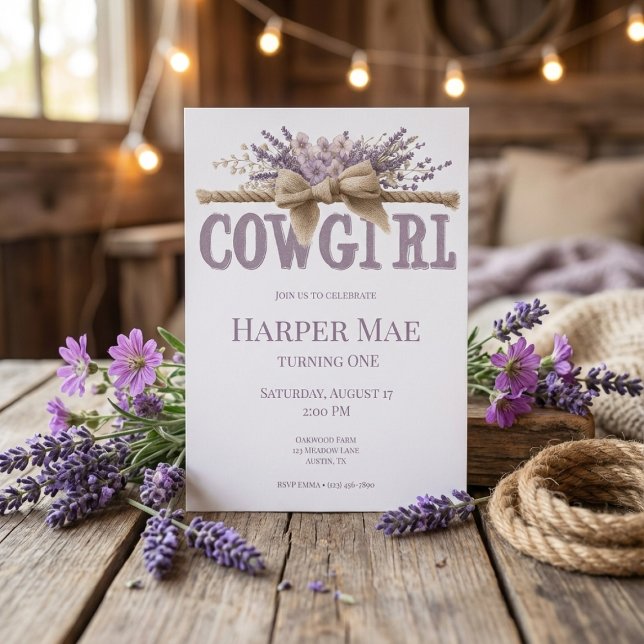 Invitation d'anniversaire Cowgirl | Thème Ferme (watercolor cowgirl birthday invitation with lavender flowers on rustic wooden background)